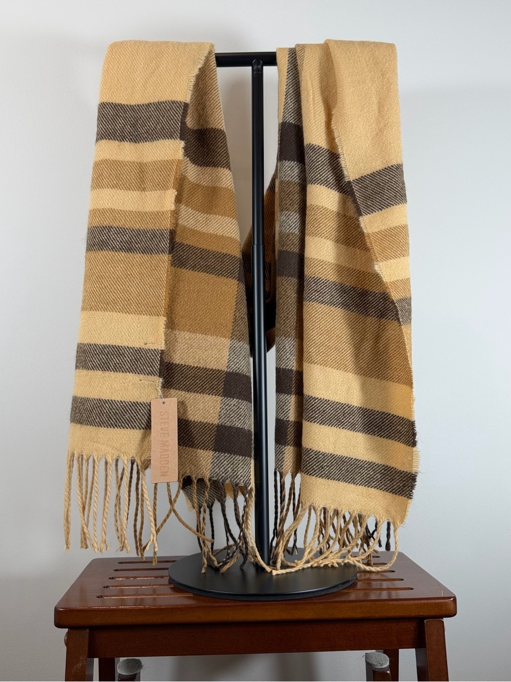 NWT Steve Madden Tan and Brown Striped Fringed Scarf